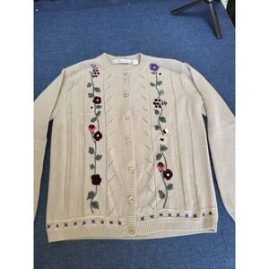 Vintage Chinawear Beige Floral Embroidered Button Up Cardigan Sweater Size M